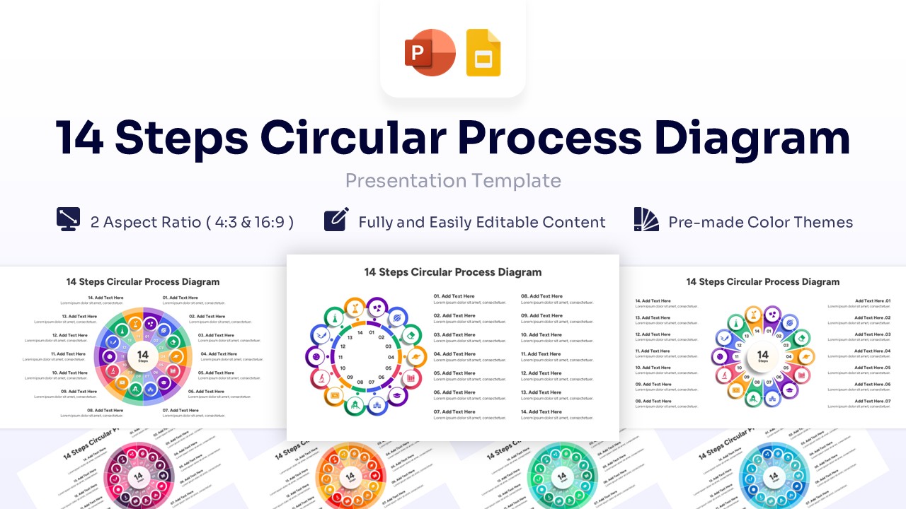 14 steps circular process diagram with multicolored icons and central text hub