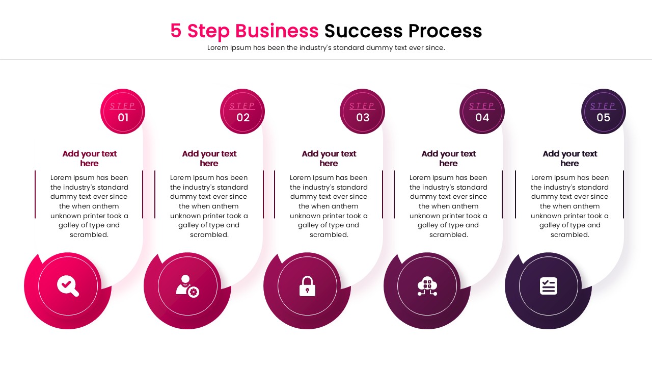 Multi-color 5 step infographic slide for business presentations.