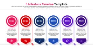 Six phase linear roadmap slide with circular icons and text boxes for business presentations.