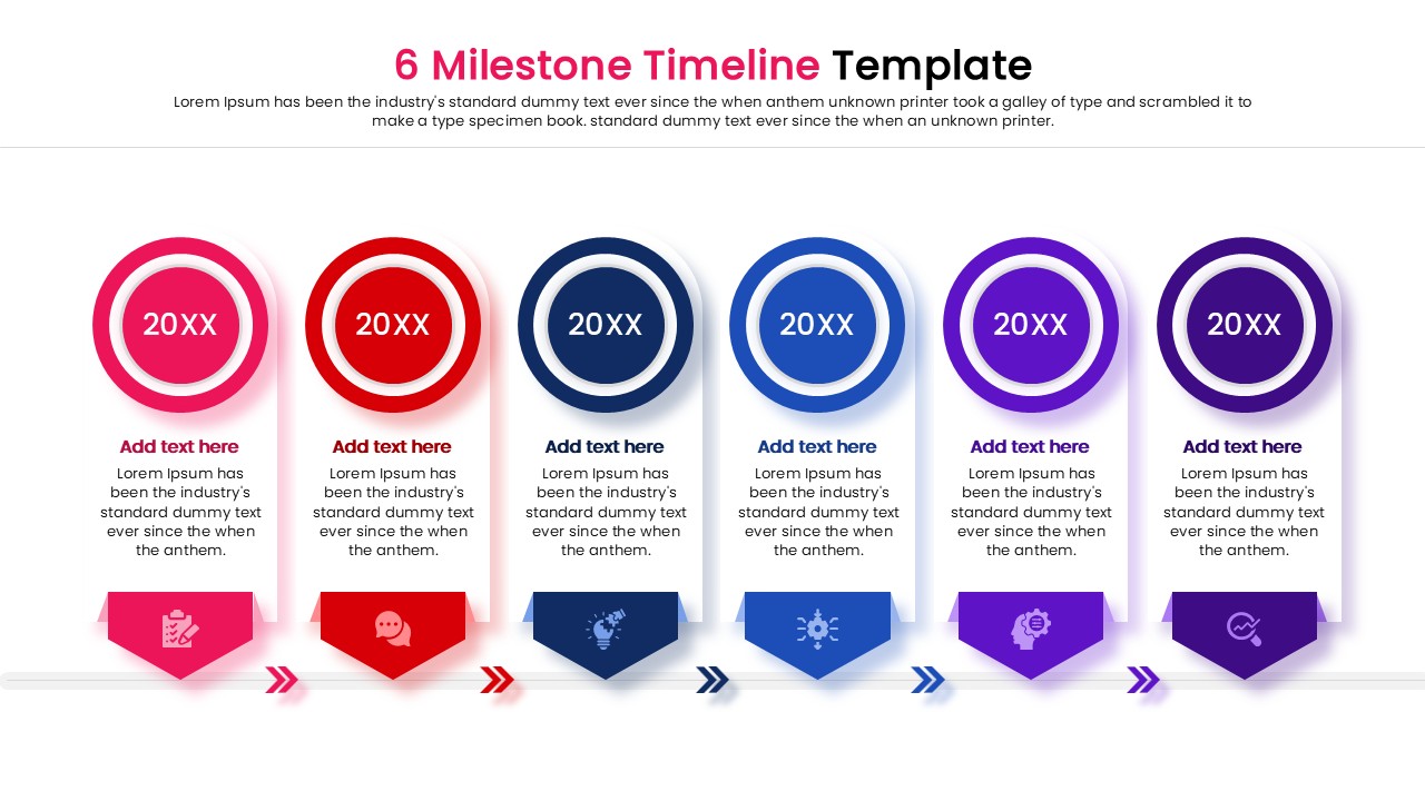 Six phase linear roadmap slide with circular icons and text boxes for business presentations.