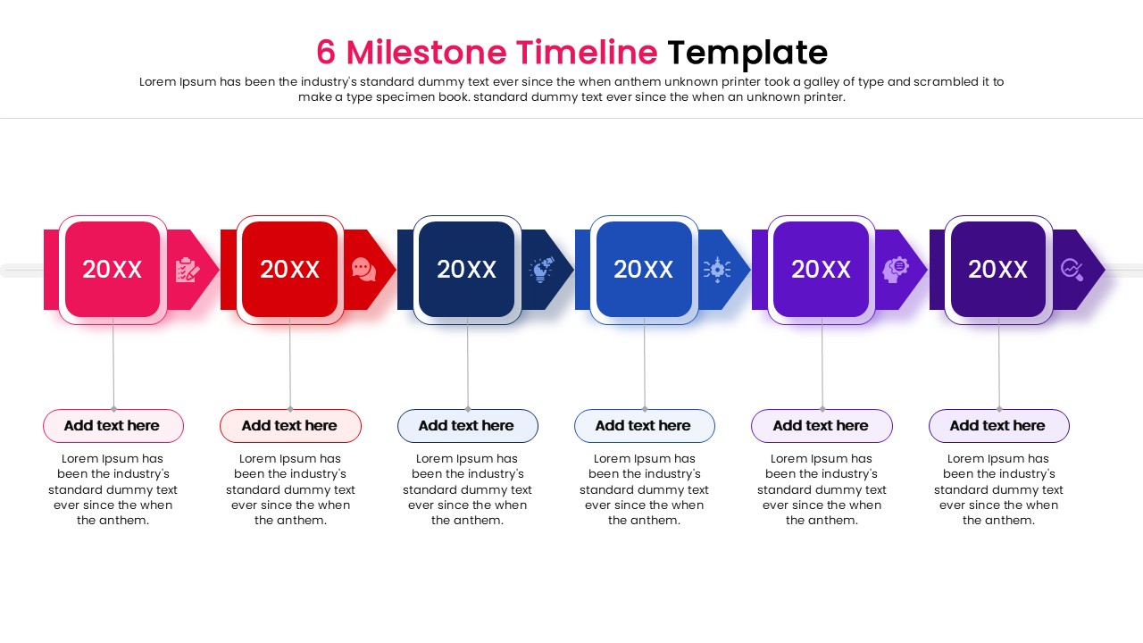 Infographic timeline slide with multi-color steps and arrow connectors for PowerPoint