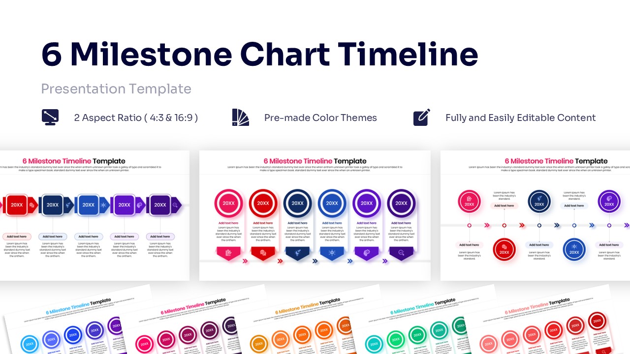 Horizontal 6 step milestone timeline chart for project planning on white background