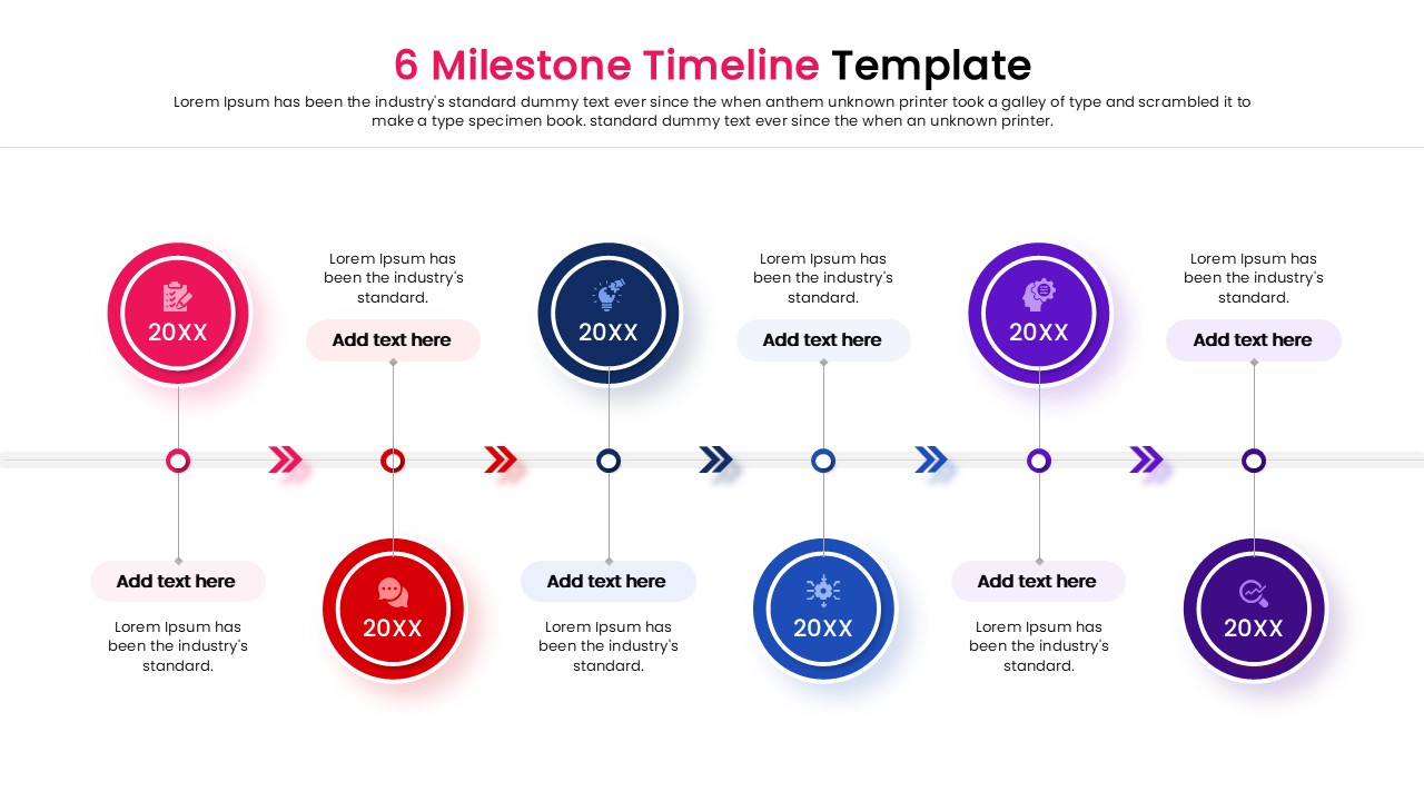 Business process timeline template showing six distinct chronological steps with dates