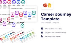 Career journey slide with a winding road timeline showing six stages with icons and text placeholders for PowerPoint.