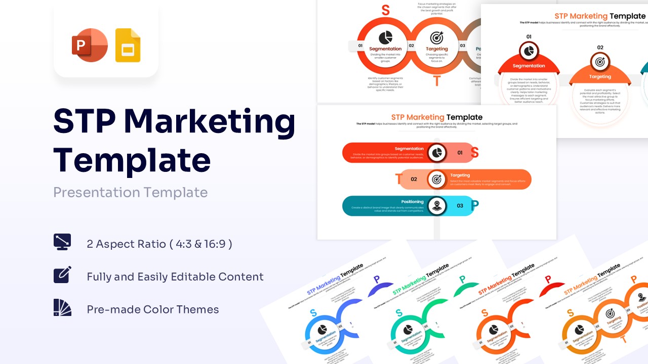 STP marketing template cover slide displaying multiple segmentation targeting and positioning layouts