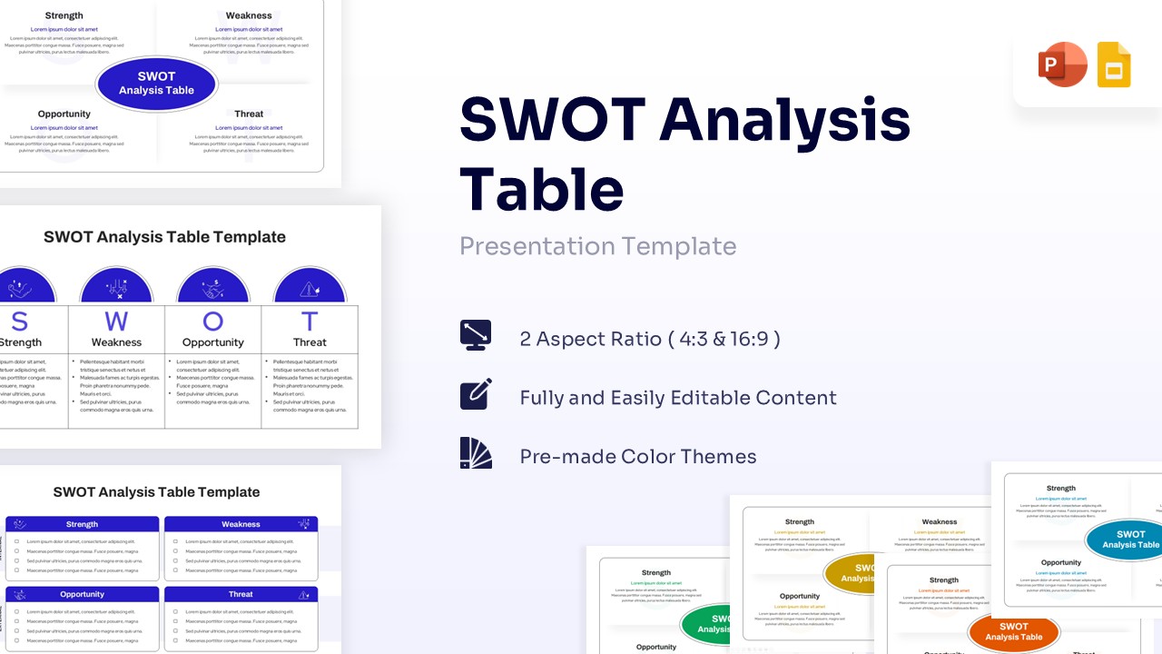 Strategic SWOT analysis slide with four colorful cards for strengths, weaknesses, opportunities, and threats.
