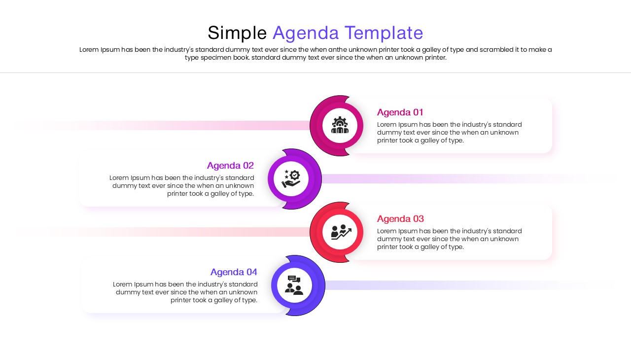 Business meeting agenda slide showing four key discussion points in a horizontal flow