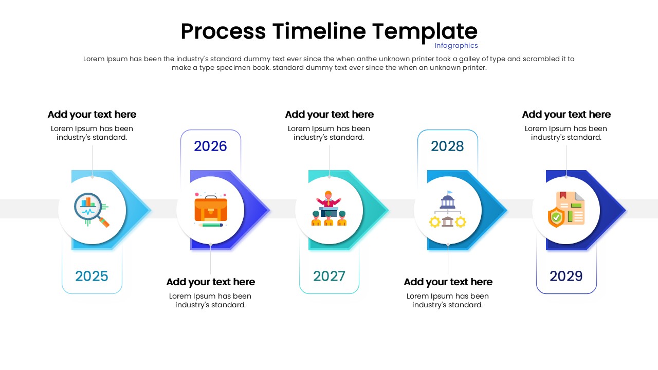 Business roadmap slide template showing milestones from 2025 to 2029.