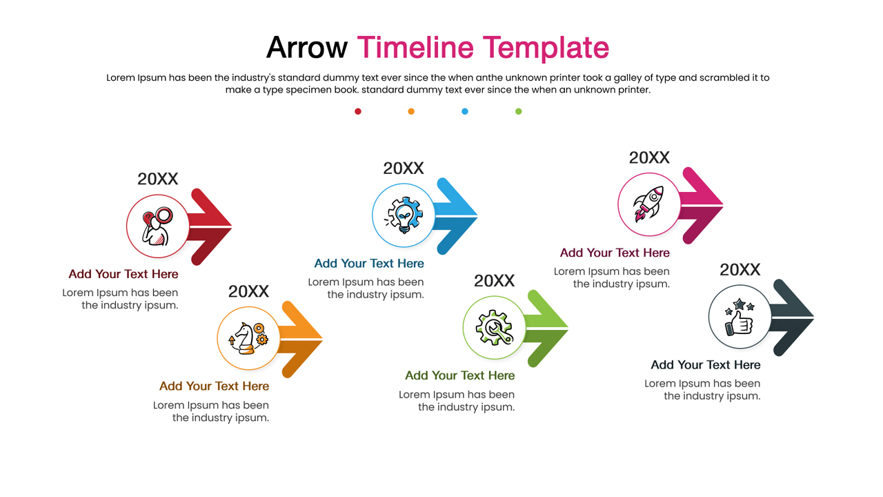 Horizontal timeline infographic with multiple arrow shapes for project planning.