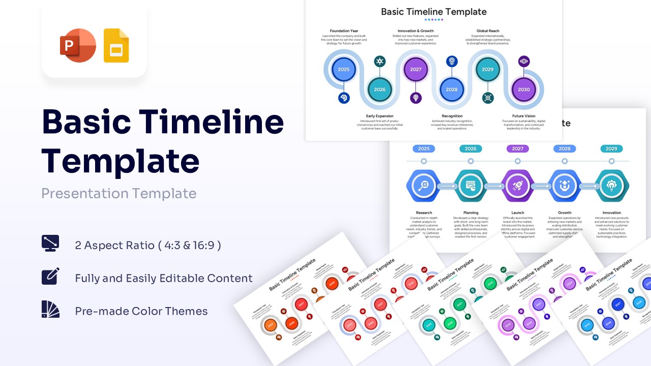 Basic timeline template slide showing a wave design with years 2025 to 2030 in circular nodes