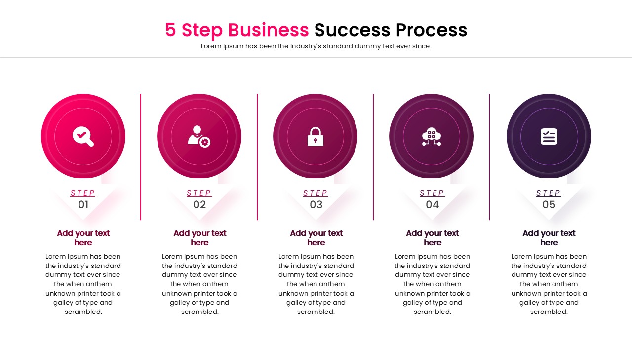 Multi-color 5 step infographic slide for business presentations.