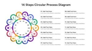 Multi-colored 14-part cycle diagram with text placeholders on white background
