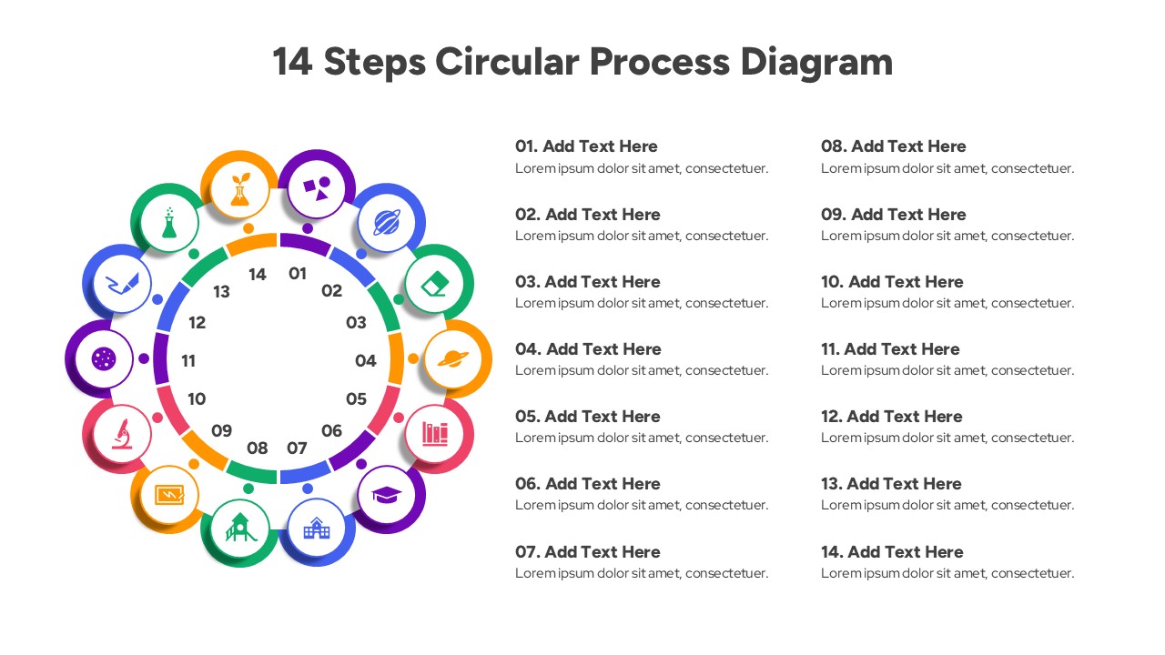 Multi-colored 14-part cycle diagram with text placeholders on white background