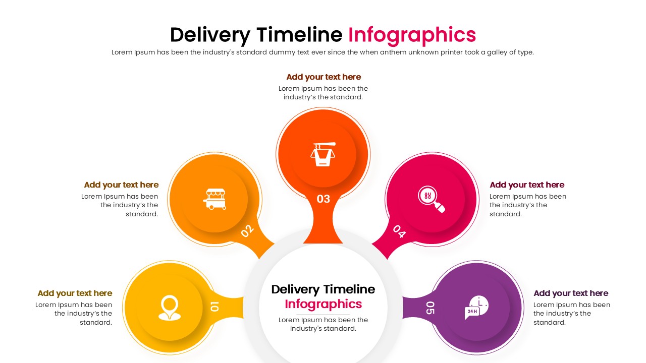 Delivery timeline infographic slide with winding road path and shipping icons.