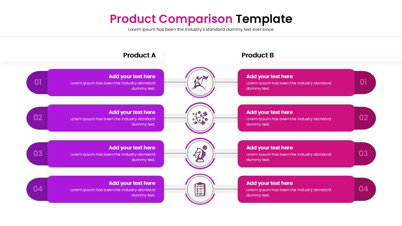 Business presentation slide comparing two products with purple gradient theme.