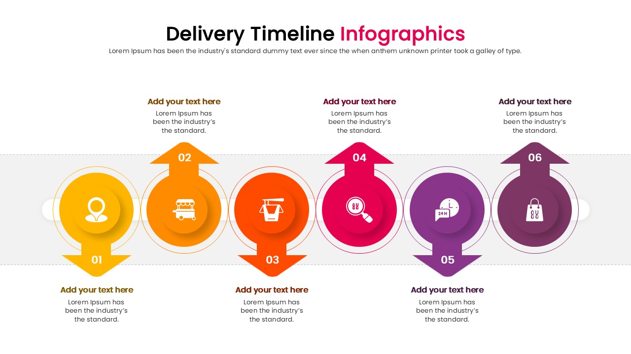 Supply chain timeline diagram with truck and package symbols for PowerPoint.