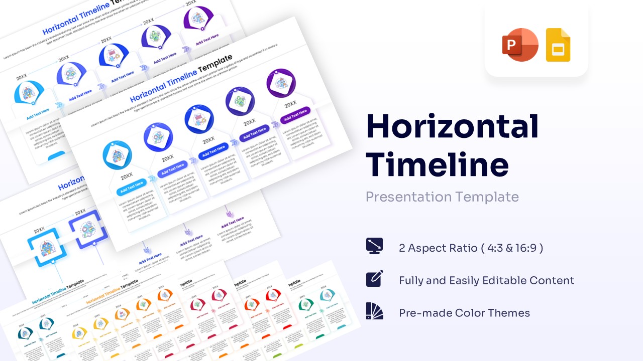 Horizontal timeline infographic slide featuring five circular nodes connected by arrows in a blue and purple gradient style.