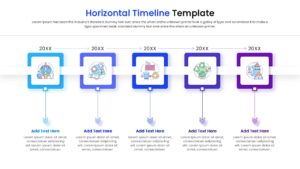 Yearly milestone timeline template with distinct markers for dates and descriptions arranged in a horizontal flow.