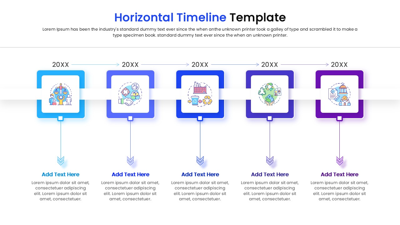 Yearly milestone timeline template with distinct markers for dates and descriptions arranged in a horizontal flow.