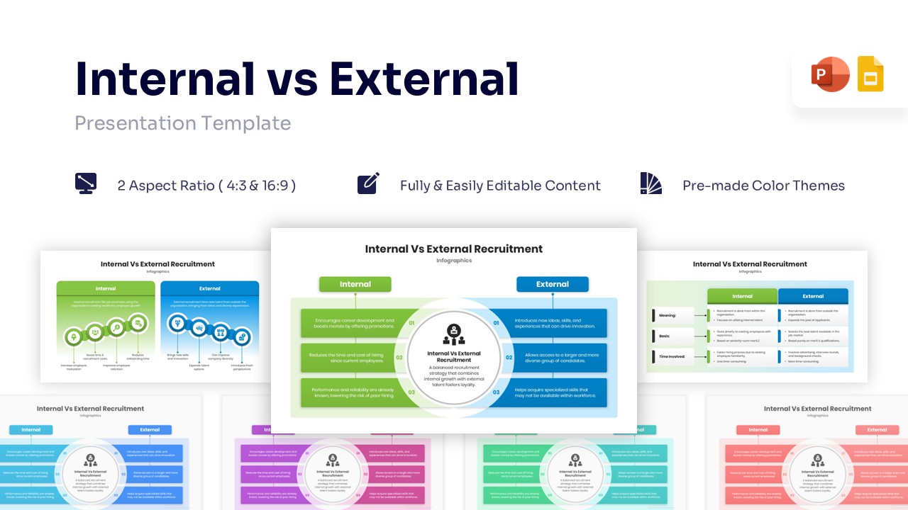 Presentation slide comparison of internal vs external recruitment with blue and green infographic sections, icons, and text placeholders for HR strategy.