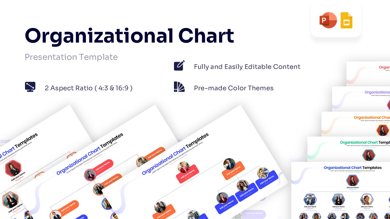 Organizational chart presentation slide with photo placeholders for team members.