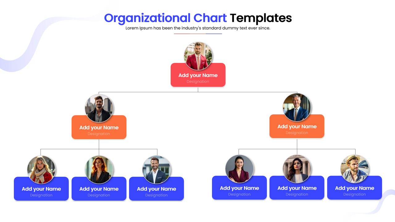Multi-level team structure diagram for business presentations with connecting lines.