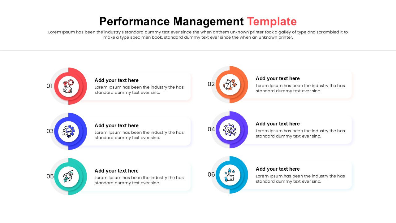 Business process infographic slide with editable icons and text placeholders for goal tracking