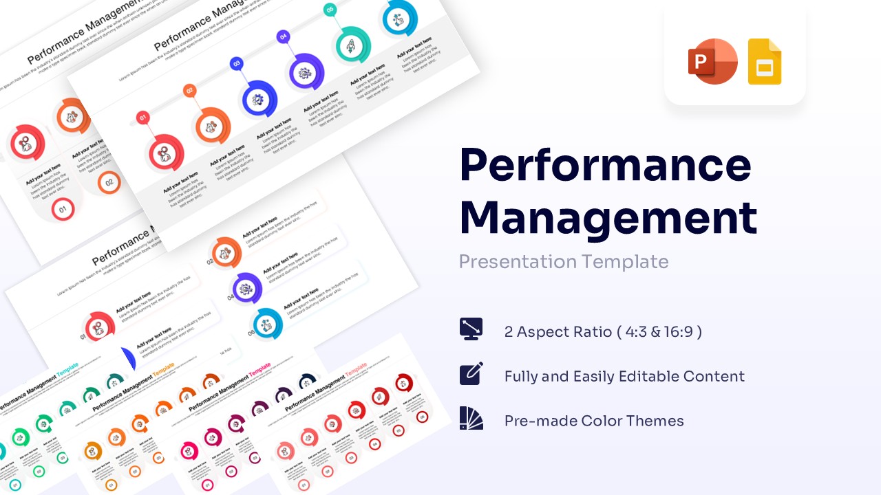 Performance management presentation template cover showing multiple circular infographic slides.