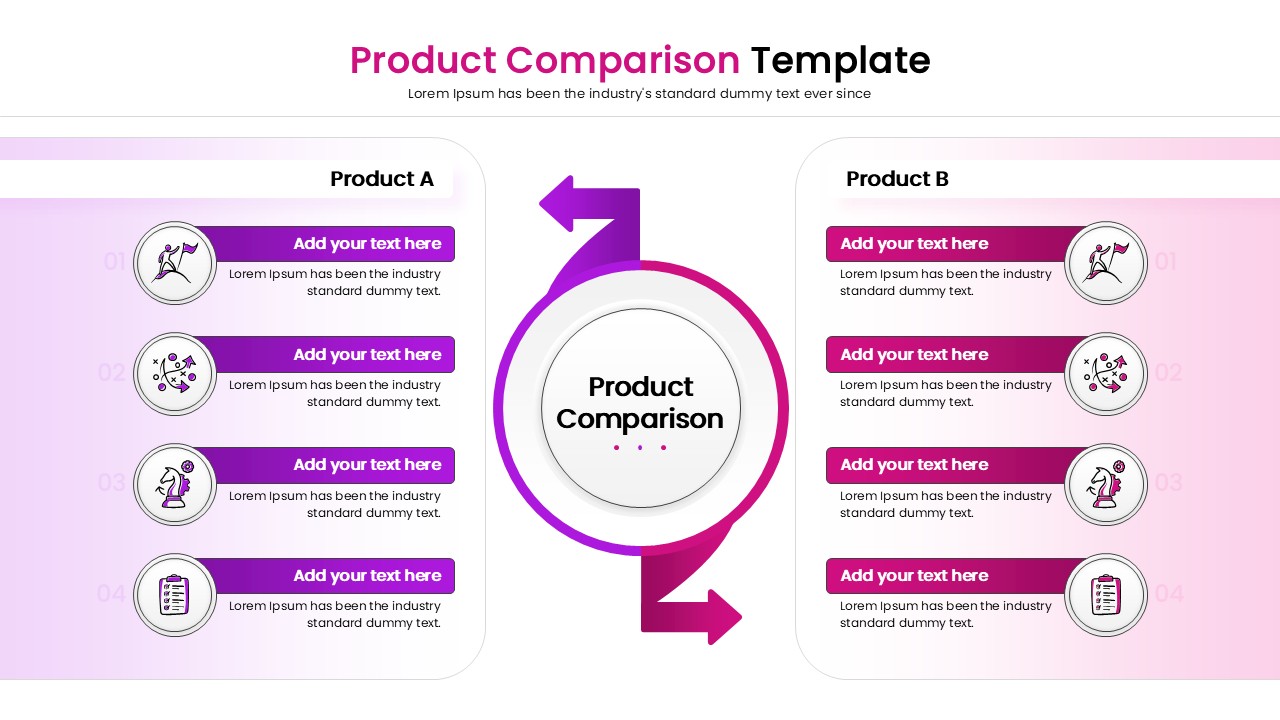 Side-by-side feature comparison chart with central icons for PowerPoint.