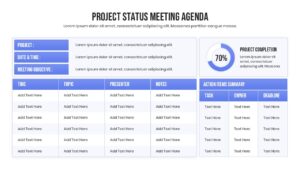 Detailed agenda table slide showing time, topic, presenter, and notes columns.