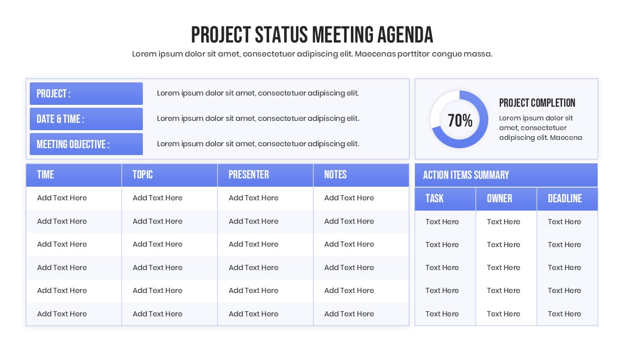 Detailed agenda table slide showing time, topic, presenter, and notes columns.