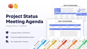 Project status meeting agenda cover slide with modern blue typography and icons.