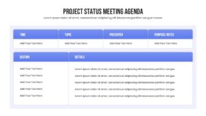 Clean white and blue meeting agenda layout with editable text placeholders.