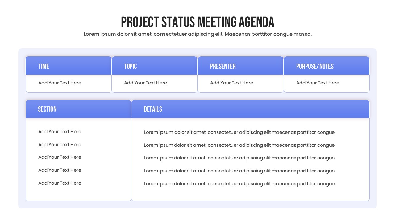 Clean white and blue meeting agenda layout with editable text placeholders.