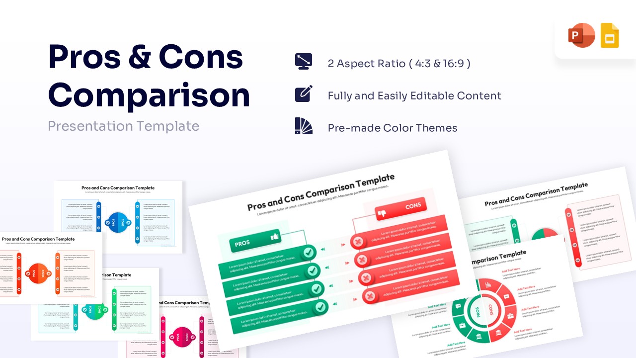 Pros and cons comparison PowerPoint slide with red and green sections.