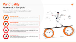 Time management slide layout with a character balancing on rolling clocks.