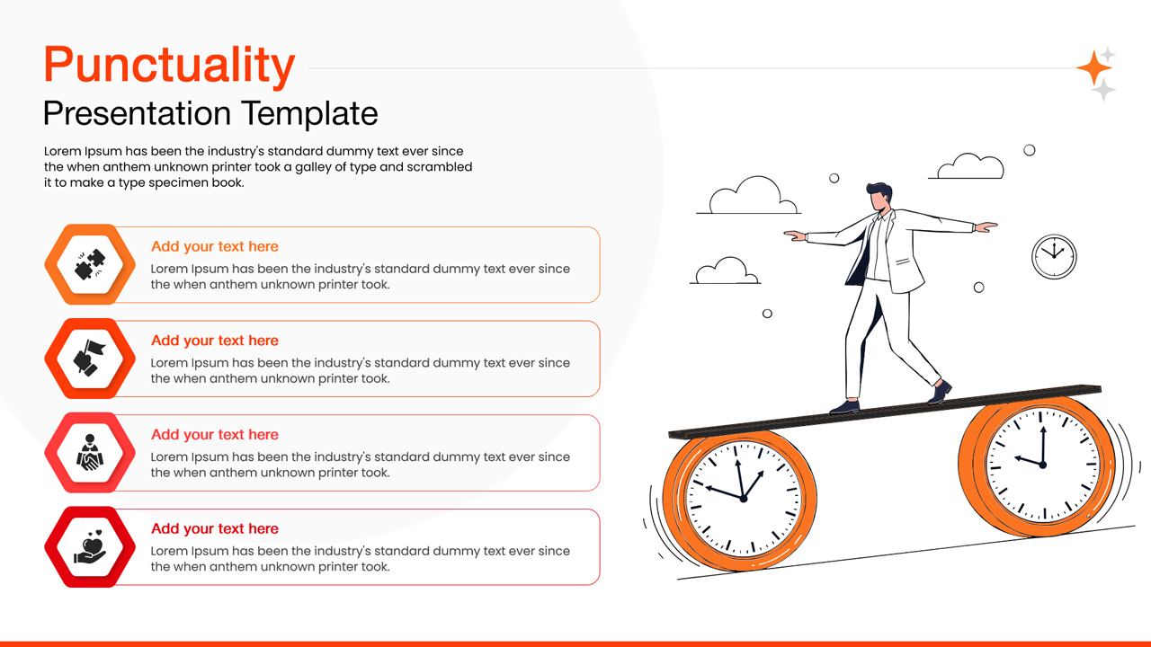 Time management slide layout with a character balancing on rolling clocks.