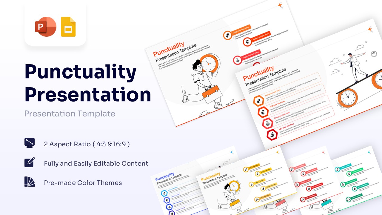 Punctuality presentation cover slide featuring a cartoon man holding a large clock