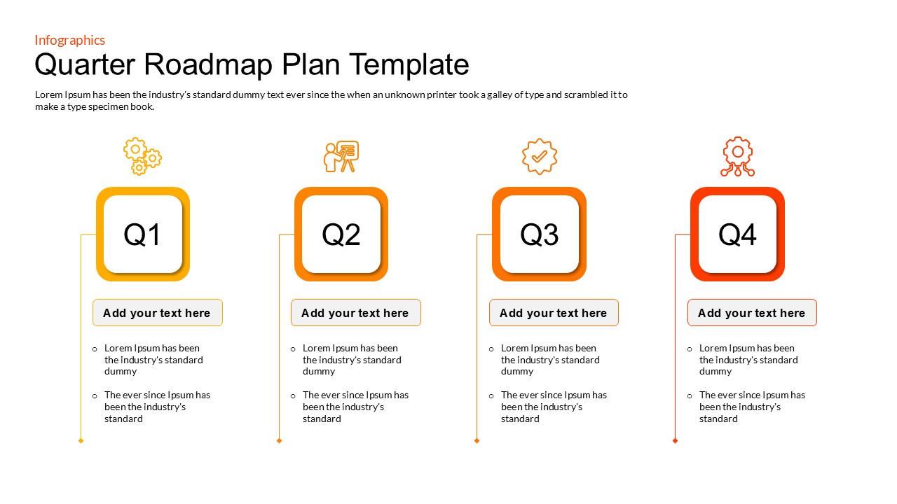 Horizontal timeline template dividing the year into Q1, Q2, Q3, and Q4 with monthly text boxes.
