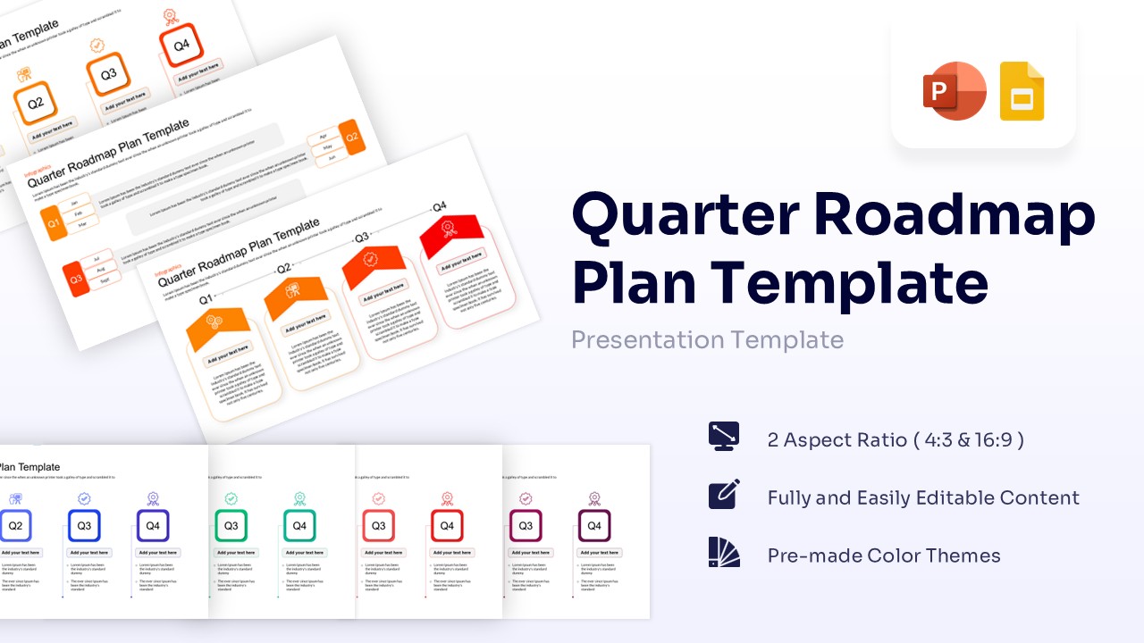 Quarter roadmap plan template cover slide showing multiple timeline layout options and icons for PPT and Google Slides.