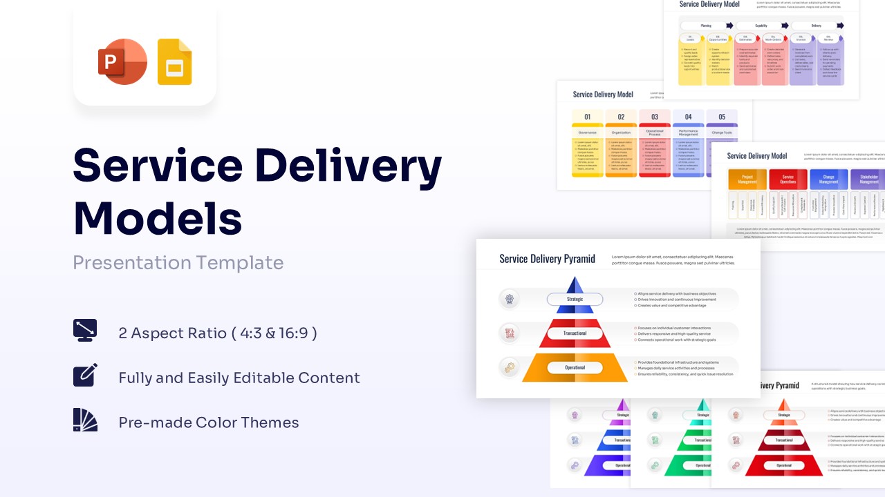 Service delivery models presentation template cover featuring multiple slide layouts and diagrams