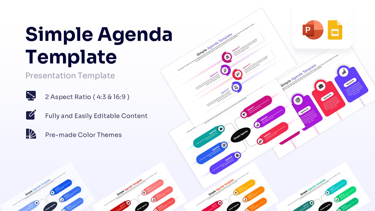 Simple agenda template for PowerPoint featuring a multi-color timeline layout with icons.
