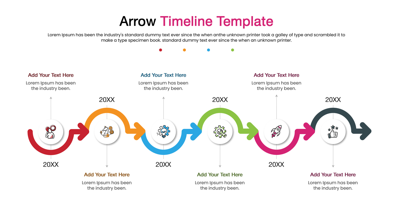 Five step arrow timeline with icons and text placeholders for business process flow.
