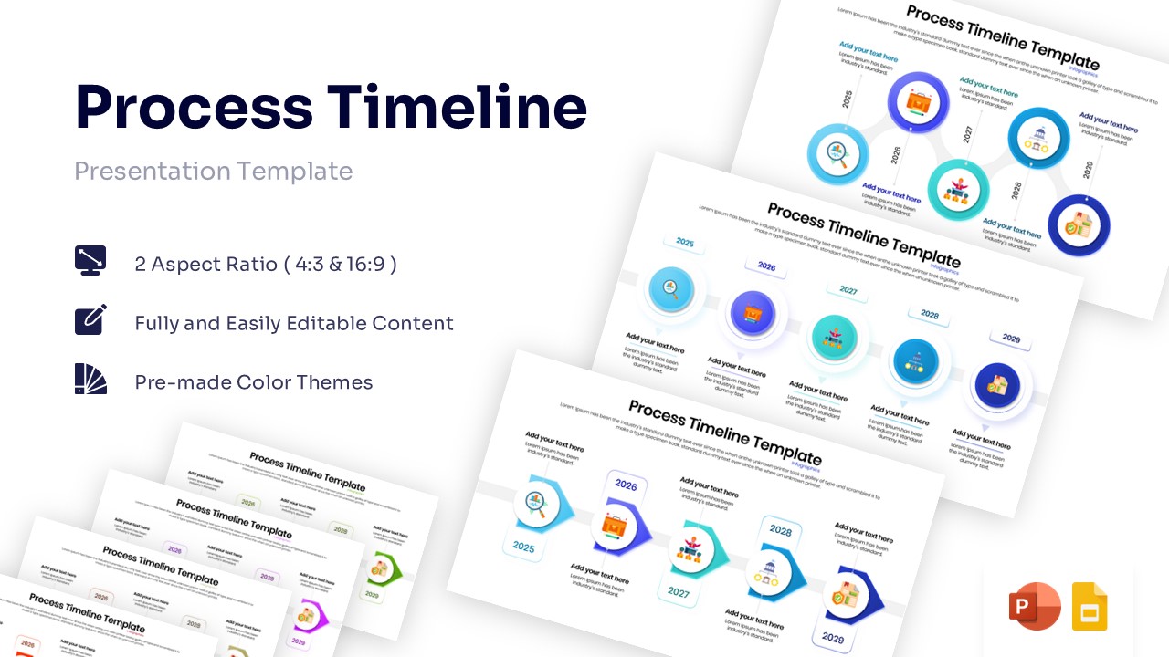 Horizontal 5-step process timeline diagram with connected circles and icons.