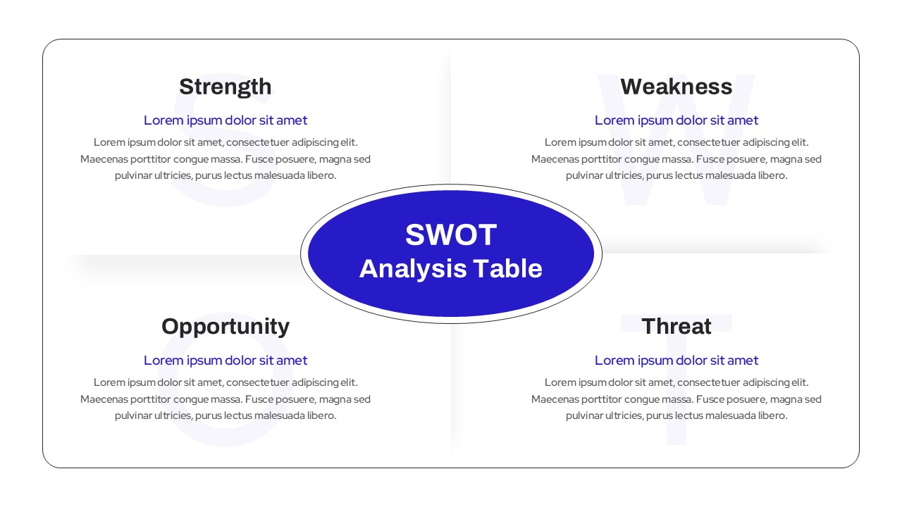 SWOT diagram for PowerPoint with vector icons representing internal and external business factors.