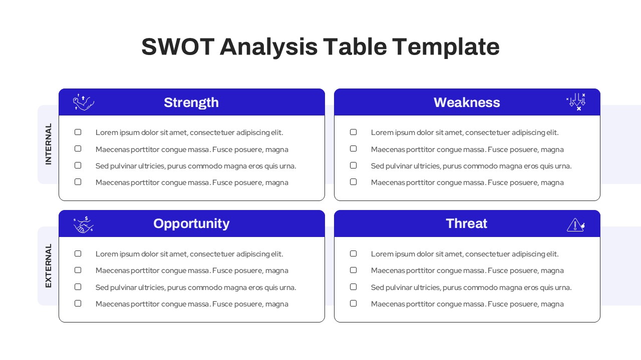 Business strategy presentation slide featuring a four-column SWOT matrix with descriptive text.