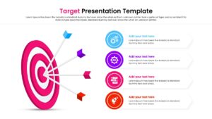 Three colored target icons arranged in a row with text placeholders for process steps