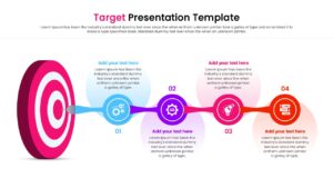 Three colored target icons arranged in a row with text placeholders for process steps.
