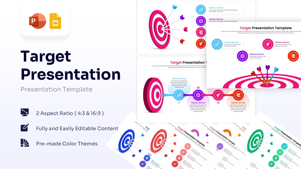 3D red and white dartboard with arrows hitting the center on a presentation slide