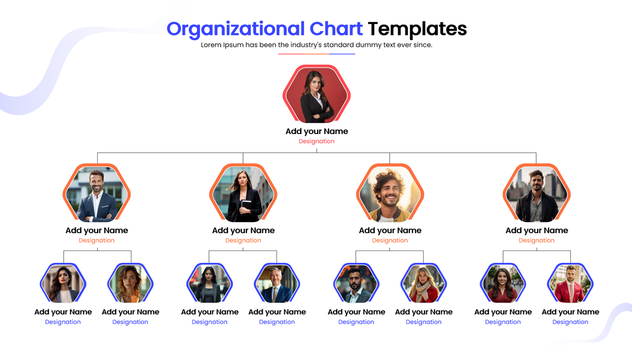 Corporate hierarchy tree chart template with name and designation text boxes.
